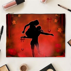 Dancing Couple On Red Background With Flowers And Hearts Cosmetic Bag (xl) by FantasyWorld7