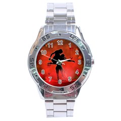 Dancing Couple On Red Background With Flowers And Hearts Stainless Steel Analogue Watch by FantasyWorld7