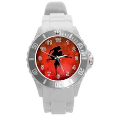 Dancing Couple On Red Background With Flowers And Hearts Round Plastic Sport Watch (l) by FantasyWorld7