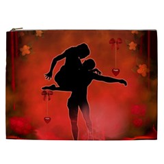 Dancing Couple On Red Background With Flowers And Hearts Cosmetic Bag (xxl)  by FantasyWorld7