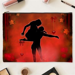 Dancing Couple On Red Background With Flowers And Hearts Cosmetic Bag (xxxl)  by FantasyWorld7