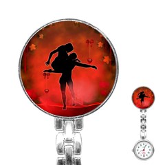 Dancing Couple On Red Background With Flowers And Hearts Stainless Steel Nurses Watch by FantasyWorld7