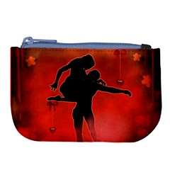 Dancing Couple On Red Background With Flowers And Hearts Large Coin Purse by FantasyWorld7