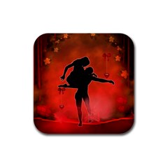 Dancing Couple On Red Background With Flowers And Hearts Rubber Square Coaster (4 Pack)  by FantasyWorld7