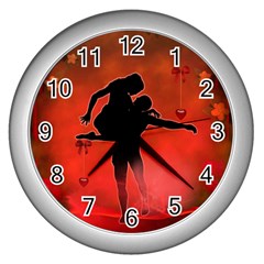 Dancing Couple On Red Background With Flowers And Hearts Wall Clocks (silver)  by FantasyWorld7