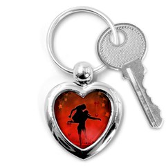 Dancing Couple On Red Background With Flowers And Hearts Key Chains (heart)  by FantasyWorld7