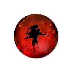 Dancing Couple On Red Background With Flowers And Hearts Rubber Coaster (round)  by FantasyWorld7