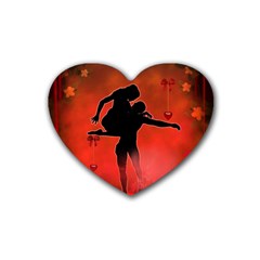 Dancing Couple On Red Background With Flowers And Hearts Heart Coaster (4 Pack)  by FantasyWorld7