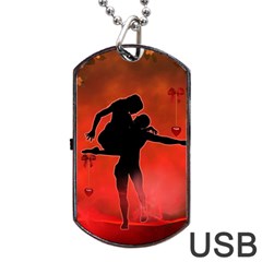 Dancing Couple On Red Background With Flowers And Hearts Dog Tag Usb Flash (one Side) by FantasyWorld7