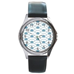 Art Deco,shell Pattern,teal,white Round Metal Watch by NouveauDesign