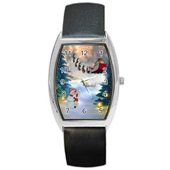 Christmas, Snowman With Santa Claus And Reindeer Barrel Style Metal Watch by FantasyWorld7