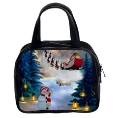 Christmas, Snowman With Santa Claus And Reindeer Classic Handbags (2 Sides) by FantasyWorld7