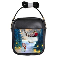 Christmas, Snowman With Santa Claus And Reindeer Girls Sling Bags by FantasyWorld7