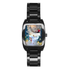 Christmas, Snowman With Santa Claus And Reindeer Stainless Steel Barrel Watch by FantasyWorld7