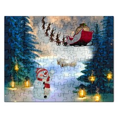 Christmas, Snowman With Santa Claus And Reindeer Rectangular Jigsaw Puzzl by FantasyWorld7