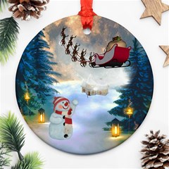 Christmas, Snowman With Santa Claus And Reindeer Round Ornament (two Sides) by FantasyWorld7