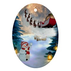 Christmas, Snowman With Santa Claus And Reindeer Oval Ornament (two Sides) by FantasyWorld7