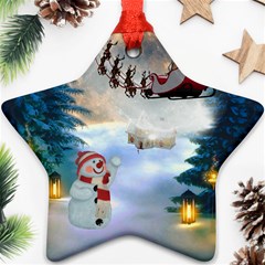 Christmas, Snowman With Santa Claus And Reindeer Star Ornament (two Sides) by FantasyWorld7