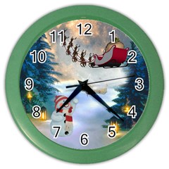 Christmas, Snowman With Santa Claus And Reindeer Color Wall Clocks by FantasyWorld7