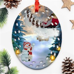 Christmas, Snowman With Santa Claus And Reindeer Ornament (oval Filigree) by FantasyWorld7