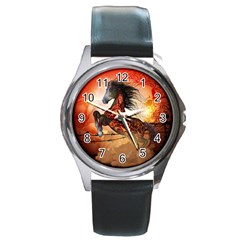 Awesome Creepy Running Horse With Skulls Round Metal Watch by FantasyWorld7