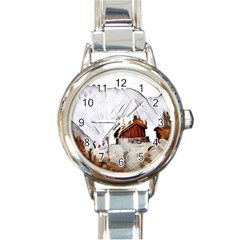 french coffee style abstract art Round Italian Charm Watch