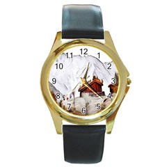 french coffee style abstract art Round Gold Metal Watch