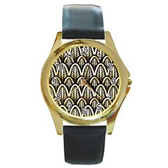 Art Deco Gold Black Shell Pattern Round Gold Metal Watch by NouveauDesign