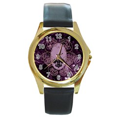 Soft Violett Floral Design Round Gold Metal Watch by FantasyWorld7