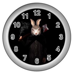 Evil Rabbit Wall Clocks (silver)  by Valentinaart