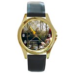 Funny Parrots In A Fantasy World Round Gold Metal Watch Front