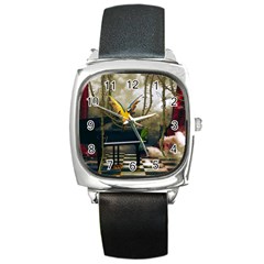 Funny Parrots In A Fantasy World Square Metal Watch by FantasyWorld7