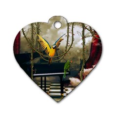 Funny Parrots In A Fantasy World Dog Tag Heart (two Sides) by FantasyWorld7