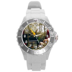 Funny Parrots In A Fantasy World Round Plastic Sport Watch (l) by FantasyWorld7