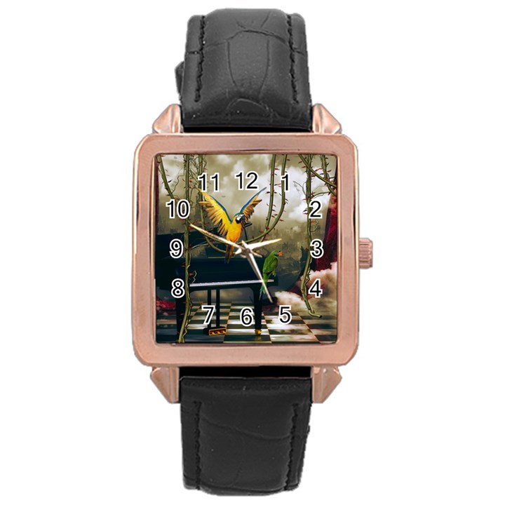 Funny Parrots In A Fantasy World Rose Gold Leather Watch 