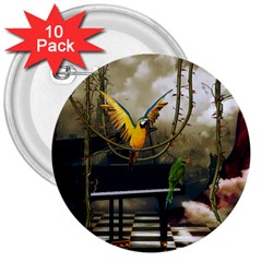 Funny Parrots In A Fantasy World 3  Buttons (10 Pack)  by FantasyWorld7