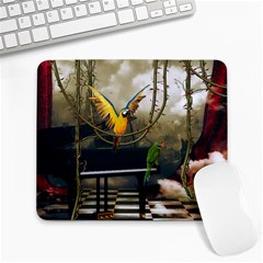 Funny Parrots In A Fantasy World Large Mousepads by FantasyWorld7