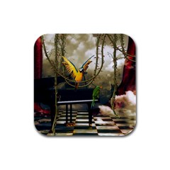 Funny Parrots In A Fantasy World Rubber Square Coaster (4 Pack)  by FantasyWorld7