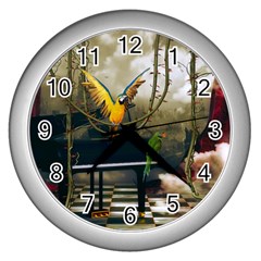 Funny Parrots In A Fantasy World Wall Clocks (silver)  by FantasyWorld7