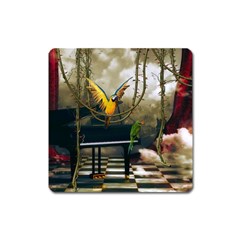 Funny Parrots In A Fantasy World Square Magnet by FantasyWorld7