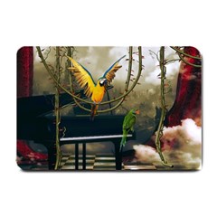 Funny Parrots In A Fantasy World Small Doormat  by FantasyWorld7