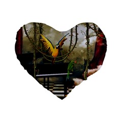 Funny Parrots In A Fantasy World Standard 16  Premium Flano Heart Shape Cushions by FantasyWorld7