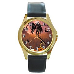 Halloween Design With Scarecrow, Crow And Pumpkin Round Gold Metal Watch