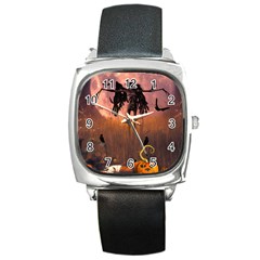 Halloween Design With Scarecrow, Crow And Pumpkin Square Metal Watch by FantasyWorld7