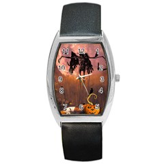 Halloween Design With Scarecrow, Crow And Pumpkin Barrel Style Metal Watch