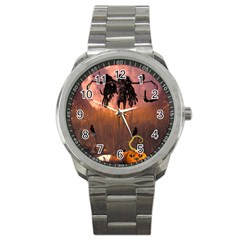 Halloween Design With Scarecrow, Crow And Pumpkin Sport Metal Watch by FantasyWorld7