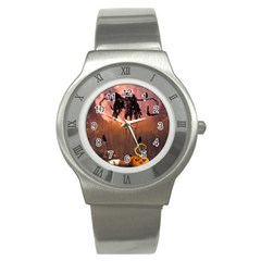 Halloween Design With Scarecrow, Crow And Pumpkin Stainless Steel Watch