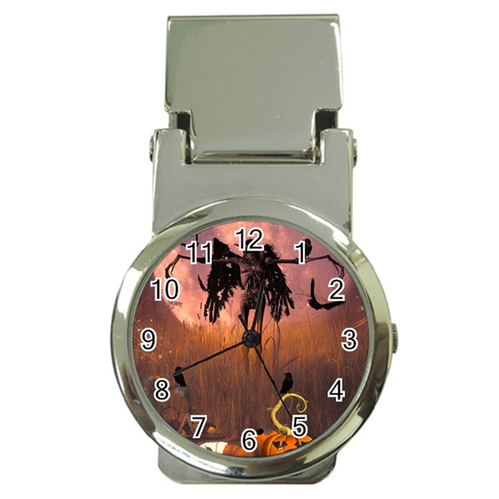 Halloween Design With Scarecrow, Crow And Pumpkin Money Clip Watches