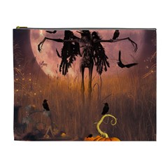 Halloween Design With Scarecrow, Crow And Pumpkin Cosmetic Bag (xl) by FantasyWorld7