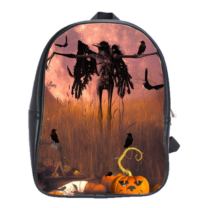 Halloween Design With Scarecrow, Crow And Pumpkin School Bag (Large)